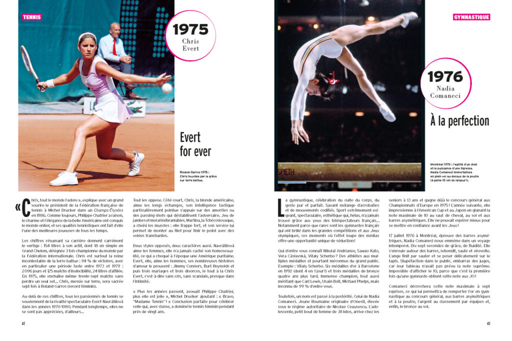 Les 100 Histoires de Légende du Sport au Féminin - A gauche : Chris Evert à Roland Garros - A droite : Nadia Comaneci à la poutre (JO de 1976)