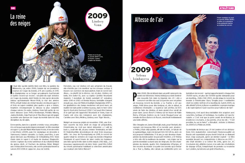 Les 100 Histoires de Légende du Sport au Féminin : A gauche : Lindsey Vonn et ses globes de cristal - A droite : Yelena Isinbayeva lors de son dernier record du monde