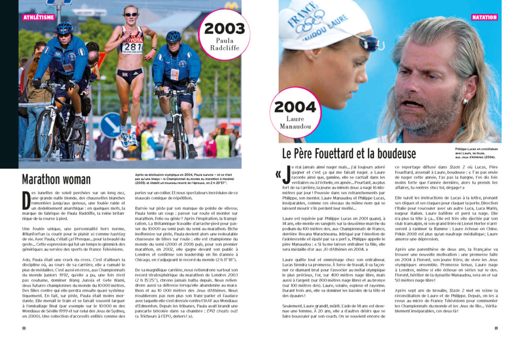 Les 100 Histoires de Légende du Sport au Féminin - A gauche : Paula Radcliffe au marathon des championnats du monde (2005) - A droite : Laure Manaudou et son entraîneur Philippe Lucas