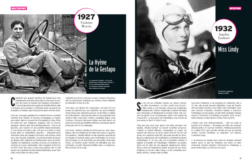 Les 100 Histoires de Légende du Sport au Féminin : A gauche : Violette Morris passée de l'équipe de France à la Gestapo - A droite : Amelia Earhart, icone américaine de l'aviation