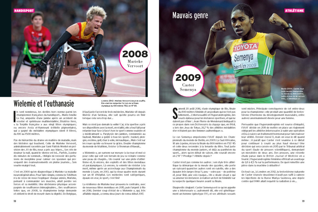 Les 100 Histoires de Légende du Sport au Féminin - A gauche : Marieke Vervoort victorieuse en fauteuil - A droite : Caster Semenya championne du monde du 800m (2009)